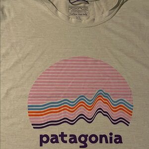 Patagonia Light Beige Tee with Pink, Blue, Orange & Purple Graphic